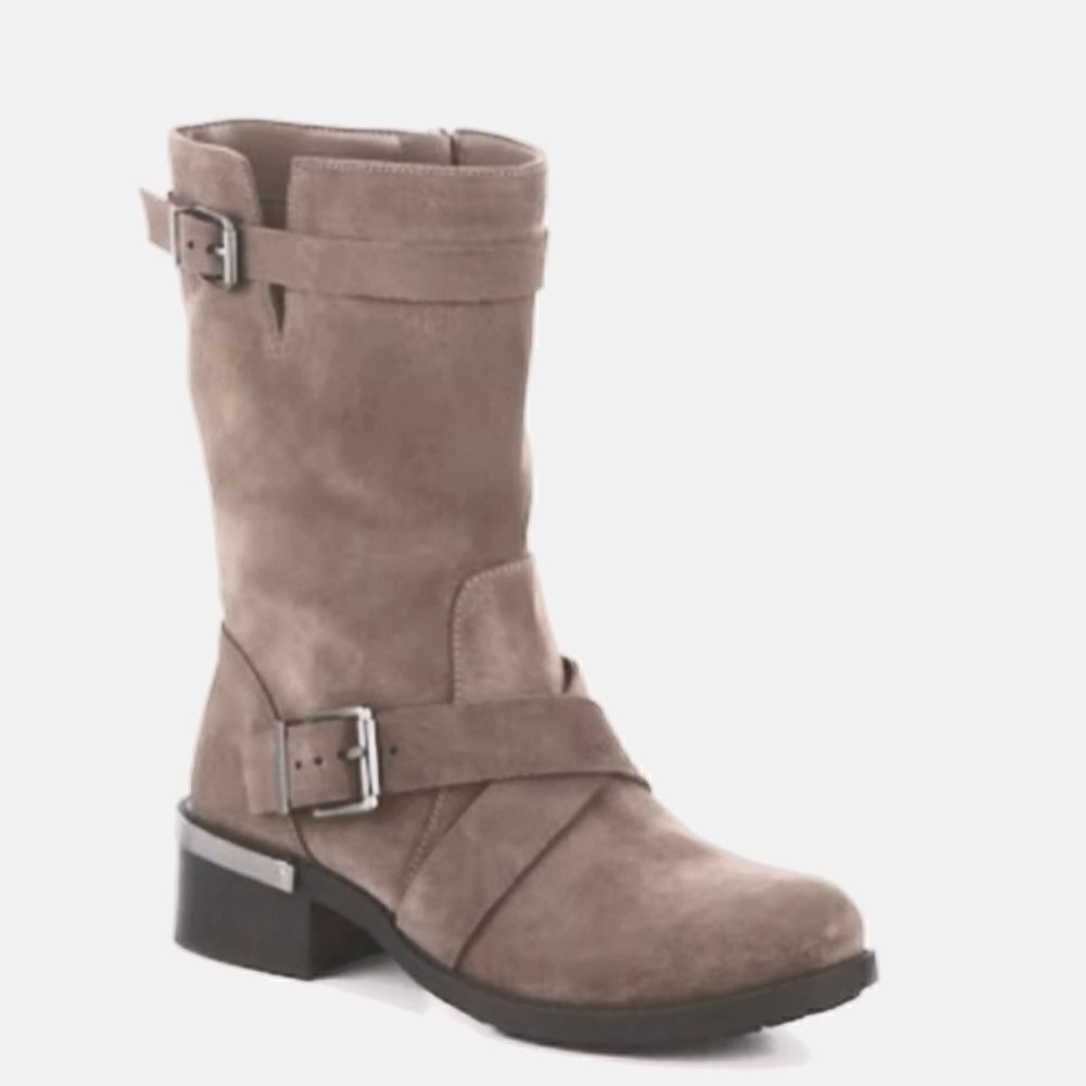 Vince Camuto Walley Taupe Suede Leather Buckle Zip Moto Mid Calf Biker Boots 8.5